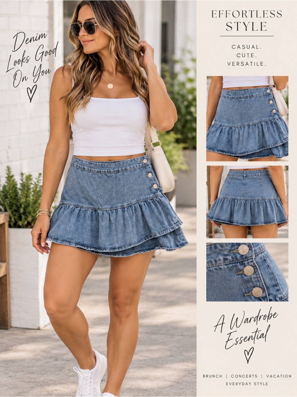 Women’s Light Wash Denim Ruffle Mini Skirt Side Button Y2K Flared Jean Skirt